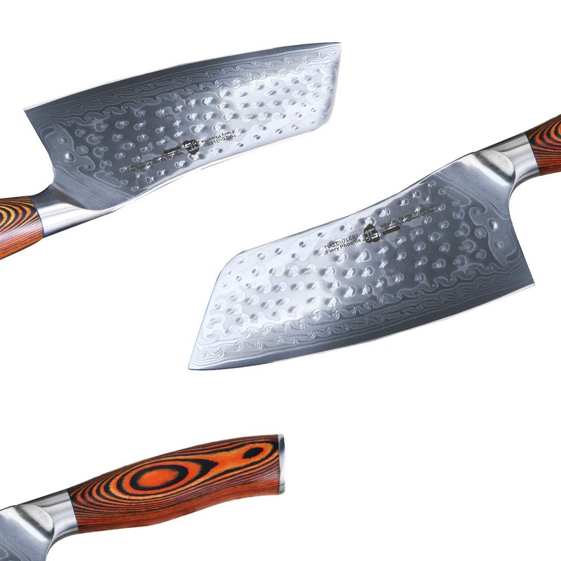 TUO Cutlery Cleaver Knife - Japanese AUS-10 Damascus Steel Hammered Finish - Chinese Chef's Knife for Meat and Vegetable with Ergonomic Pakkawood Handle - 7" - Fiery Phoenix Series - Image 2